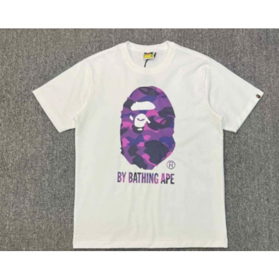 White BAPE T-Shirt with Purple Camo Ape Head and "BY BATHING APE" Logo